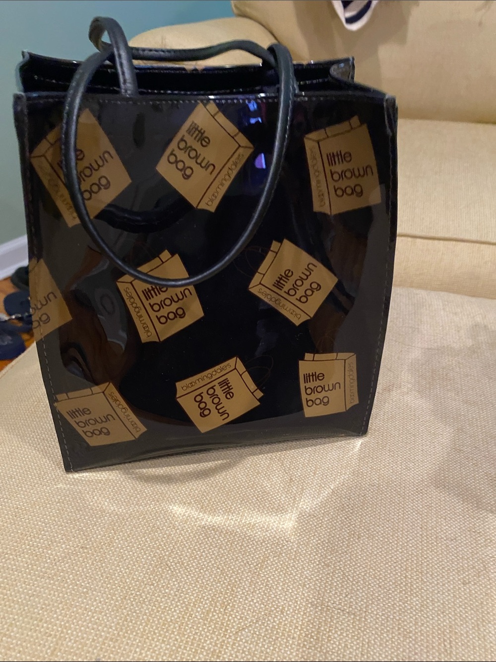 Bloomingdale's Black Patent Tote with Brown Logo Boxes